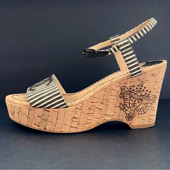 CHANEL Vintage Authentic Striped Fabric Platform Wedge Sandals w/ Cork Sole - Picture 2 of 15